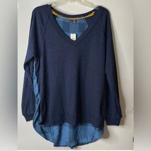 ANTHROPOLOGIE Solid dark blue front with Plaid Back long sleeve top